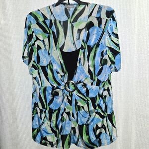 Essentials Abstract Multicolored with Ring Detail Built In Tank Sz 3X Colorful